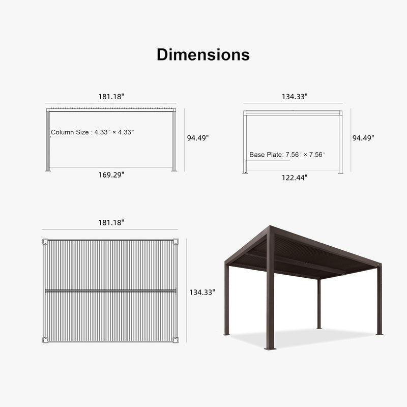 PURPLE LEAF Athena Louvered Pergola Bronze Outdoor Aluminum Pergola with Roller Blind Adjustable Gazebo for Patio Deck Garden