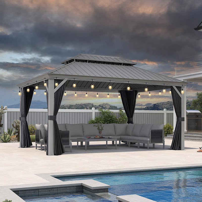 PURPLE LEAF Patio Gazebo for Pool Light Grey Hardtop Galvanized Steel Roof with String Lights