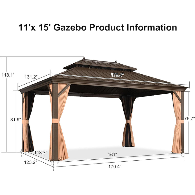 PURPLE LEAF Outdoor Hardtop Gazebo for Garden Bronze Double Roof Aluminum Frame Pavilion with String Lights-clear