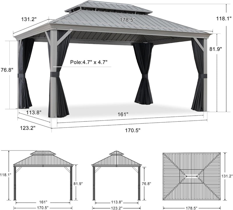 PURPLE LEAF Patio Gazebo for Pool Light Grey Hardtop Galvanized Steel Roof with Upgraded Curtains