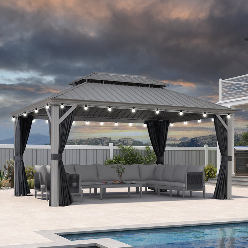 PURPLE LEAF Patio Gazebo for Pool Light Grey Hardtop Galvanized Steel Roof with String Lights-milky