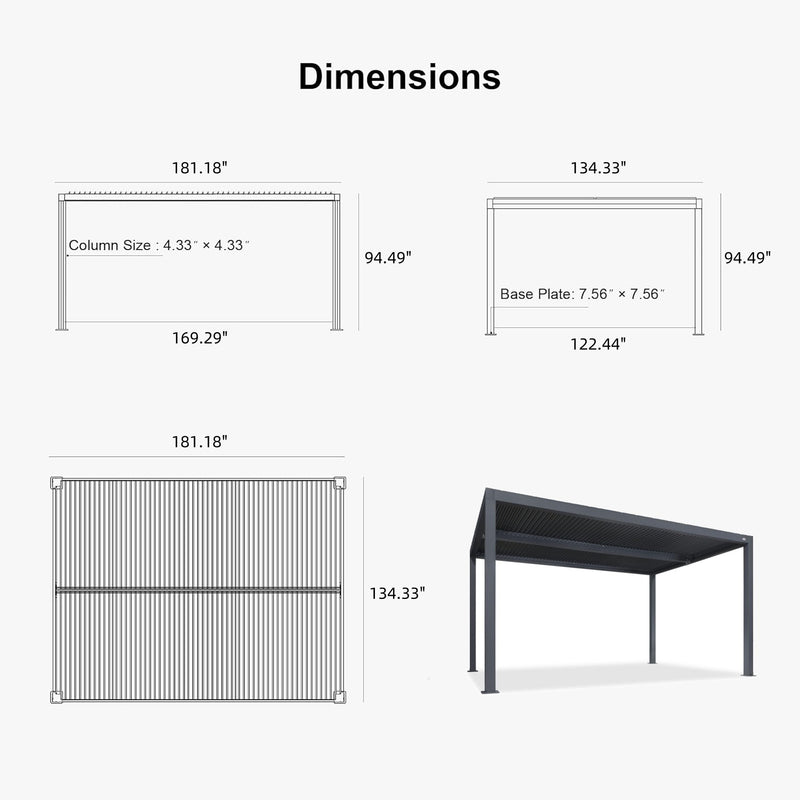 PURPLE LEAF Athena Louvered Pergola Grey Outdoor Aluminum Pergola with Roller Blind Adjustable Gazebo for Patio Deck Garden