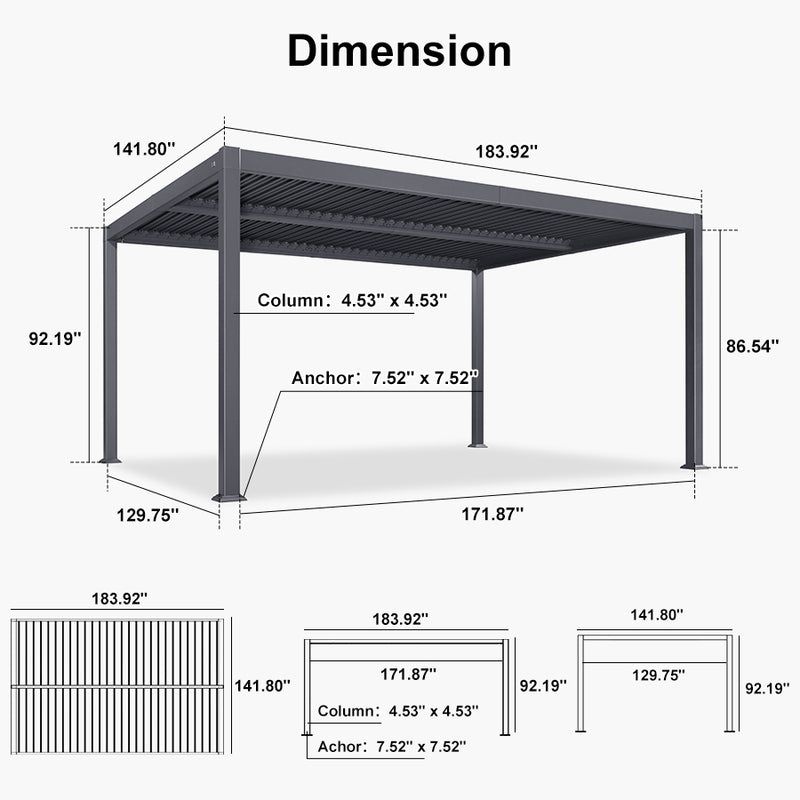 PURPLE LEAF Outdoor Louvered Pergola Patio Sun Shade Shelter with Adjustable Hardtop Patio Pergola Grey