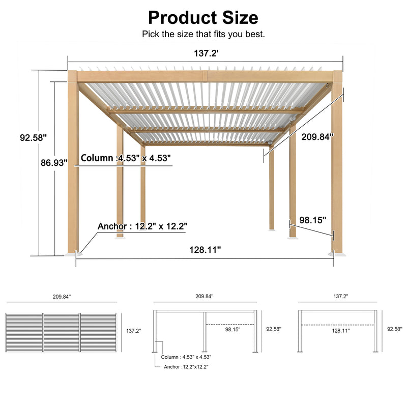 PURPLE LEAF Louvered Pergola Outdoor Wood Grain Aluminum Pergola with Adjustable Roof Retractable Patio Rainproof Hardtop Gazebo for Deck Backyard Garden