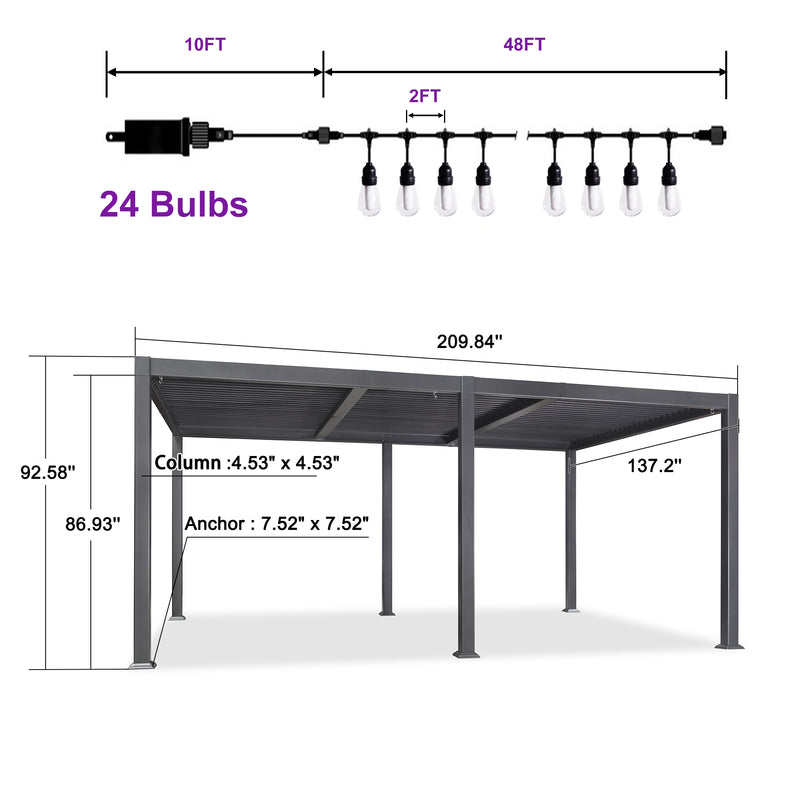 PURPLE LEAF Louvered Pergola with Yellow String Lights Patio Aluminum Pergola with Independent Adjustable Rainproof Roof Hardtop Pergola for Outdoor Deck Garden Yard