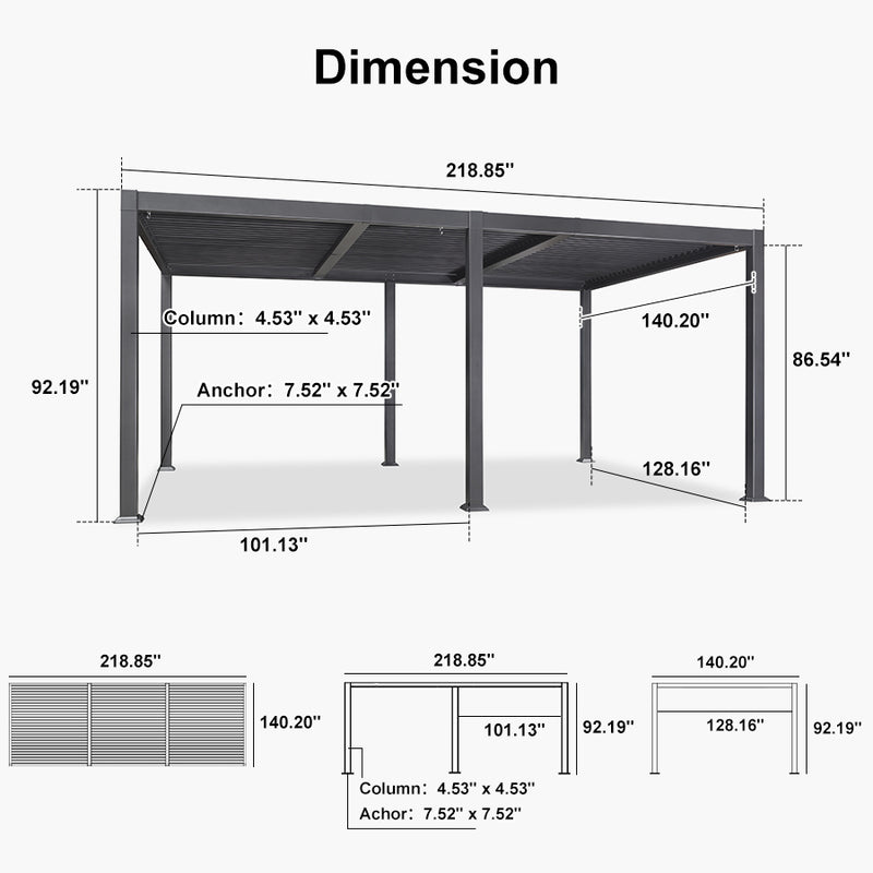 PURPLE LEAF Outdoor Louvered Pergola Patio Sun Shade Shelter with Adjustable Hardtop Patio Pergola Grey