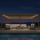 PURPLE LEAF Caesar champagne aluminum louvered pergola with illuminated LED strip lights.