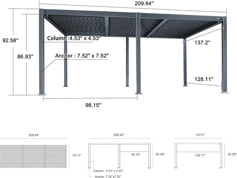 PURPLE LEAF Solar Louvered Pergola with LED String Lights and Control Panel Aluminum Outdoor Pergola with Adjustable Roof for Patio Deck Garden Yard Gray