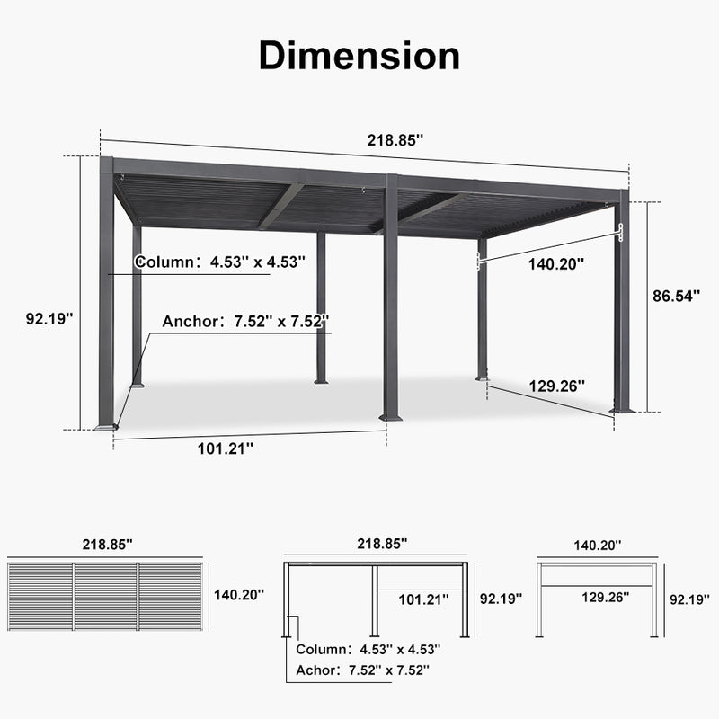 PURPLE LEAF Solar Louvered Pergola with LED Strip Lights and Control Panel Aluminum Outdoor Pergola with Adjustable Roof for Patio Deck Garden Yard Gray