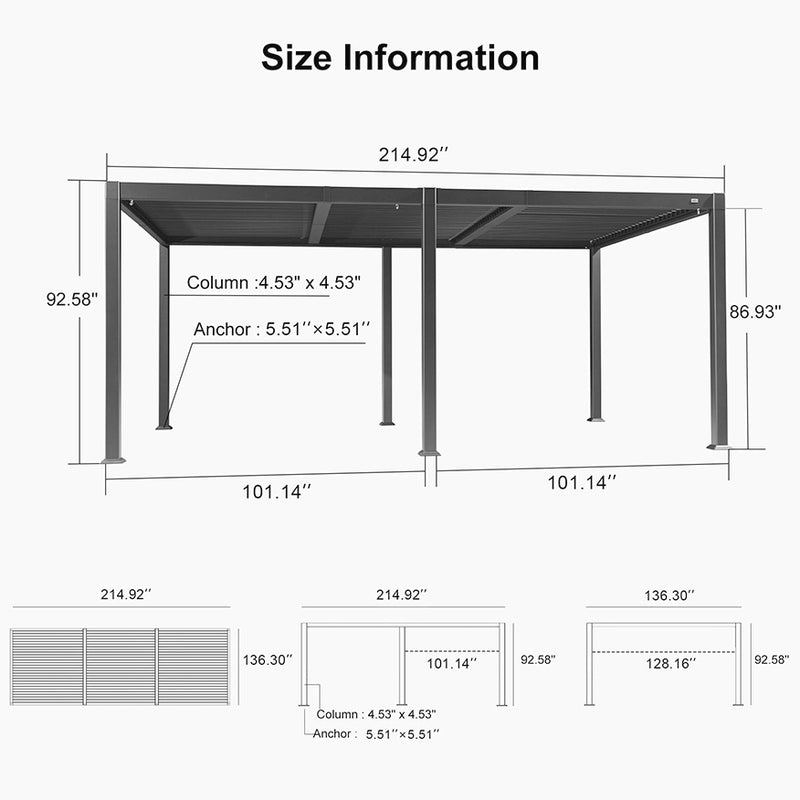 PURPLE LEAF Outdoor Louvered Pergola Patio Sun Shade Shelter with Adjustable Hardtop Patio Pergola Grey