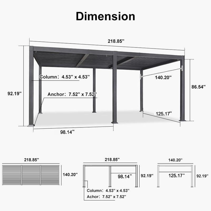 PURPLE LEAF Outdoor Louvered Pergola Patio Sun Shade Shelter with Adjustable Hardtop Patio Pergola Grey