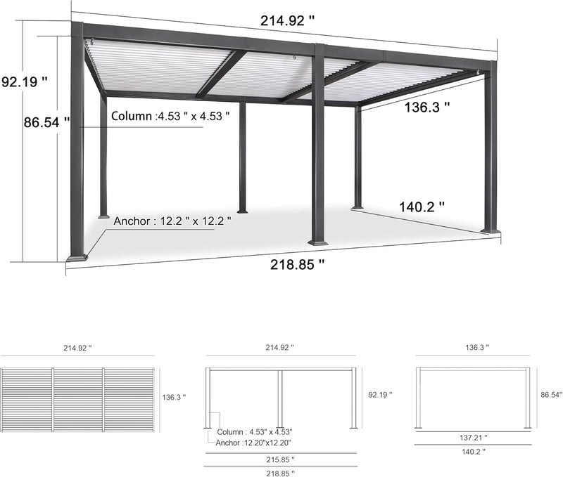 PURPLE LEAF Outdoor Louvered Pergola Patio Sun Shade Shelter with Adjustable Hardtop Patio Pergola Gray Frame White Roof