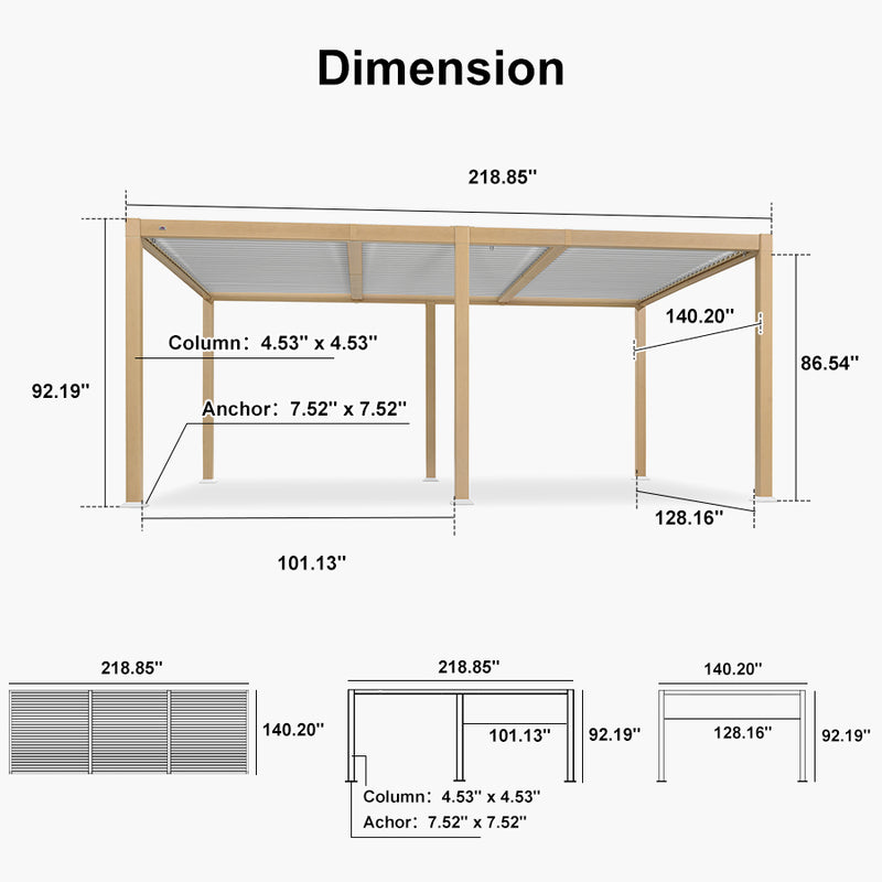 PURPLE LEAF Louvered Pergola Outdoor Wood Grain Aluminum Pergola with Adjustable Roof Patio Rainproof Hardtop Gazebo With Milky Lights