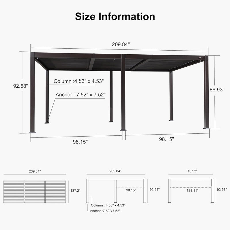 PURPLE LEAF Louvered Pergola Outdoor Adjustable Louvre Shade Modern Patio Aluminum Pergola with Retractable Roof for Deck Backyard Garden Hardtop Gazebo