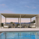 Champagne PURPLE LEAF Caesar louvered pergola with adjustable roof and LED lights.