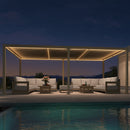PURPLE LEAF Caesar champagne solar louvered pergola with LED lights.
