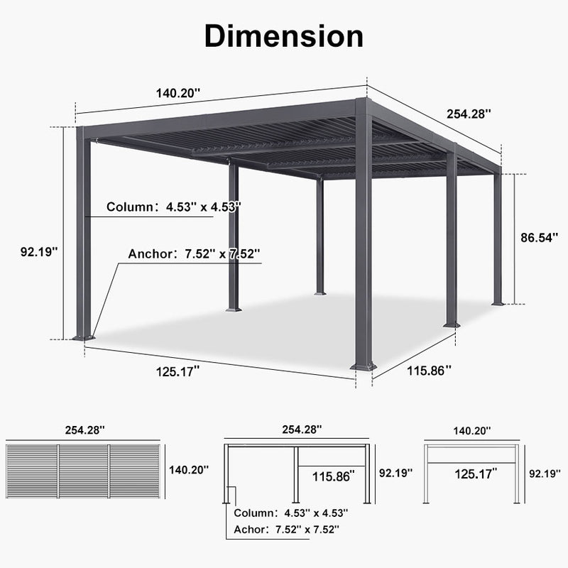 PURPLE LEAF Outdoor Louvered Pergola Patio Sun Shade Shelter with Adjustable Hardtop Patio Pergola Grey