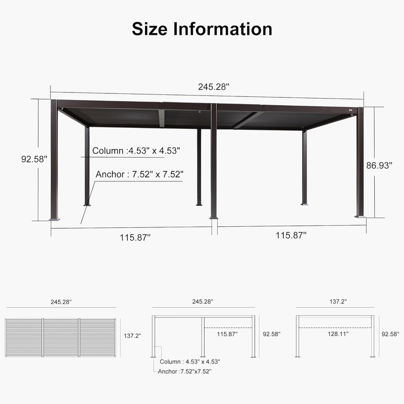 PURPLE LEAF Louvered Pergola Outdoor Adjustable Louvre Shade Modern Patio Aluminum Pergola with Retractable Roof for Deck Backyard Garden Hardtop Gazebo