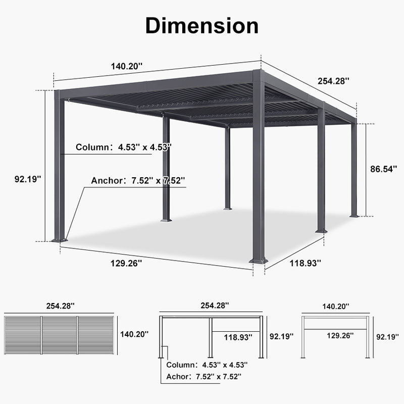 PURPLE LEAF Solar Louvered Pergola with LED Strip Lights and Control Panel Aluminum Outdoor Pergola with Adjustable Roof for Patio Deck Garden Yard Gray