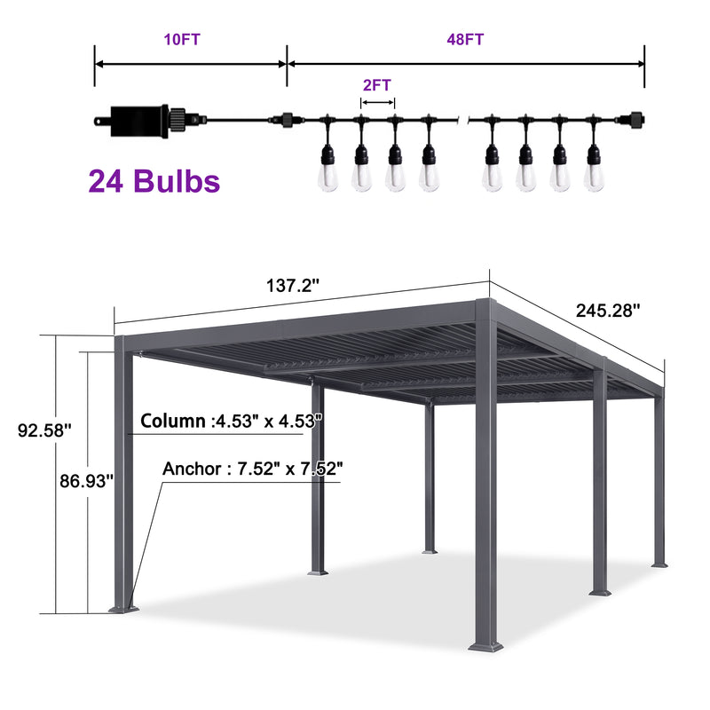 PURPLE LEAF Louvered Pergola with Yellow String Lights Patio Aluminum Pergola with Independent Adjustable Rainproof Roof Hardtop Pergola for Outdoor Deck Garden Yard