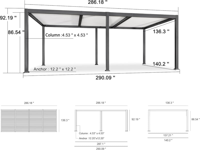 PURPLE LEAF Outdoor Louvered Pergola Patio Sun Shade Shelter with Adjustable Hardtop Patio Pergola Gray Frame White Roof