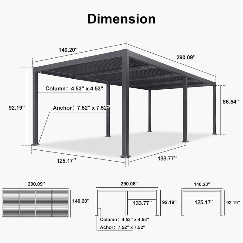 PURPLE LEAF Outdoor Louvered Pergola Patio Sun Shade Shelter with Adjustable Hardtop Patio Pergola Grey