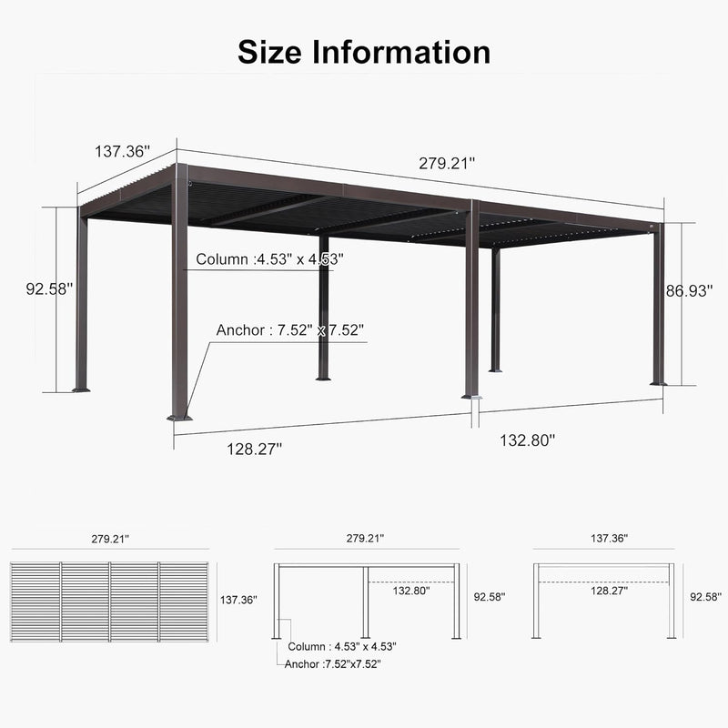 PURPLE LEAF Louvered Pergola Outdoor Adjustable Louvre Shade Modern Patio Aluminum Pergola with Retractable Roof for Deck Backyard Garden Hardtop Gazebo