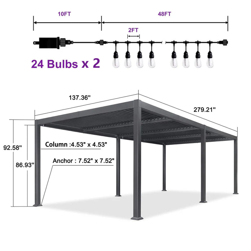 PURPLE LEAF Louvered Pergola with Milky String Lights Patio Aluminum Pergola with Independent Adjustable Rainproof Roof Hardtop Pergola for Outdoor Deck Garden Yard