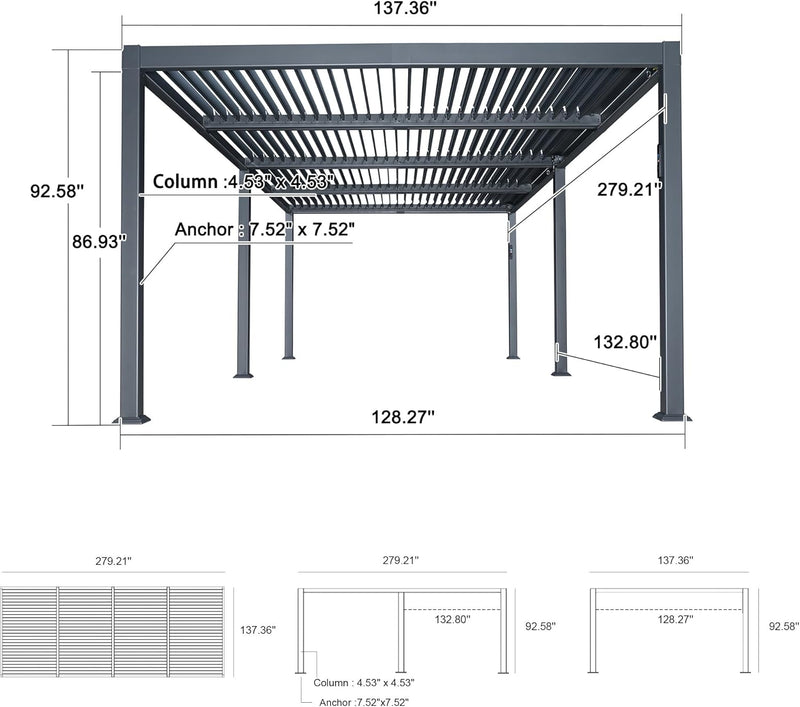 PURPLE LEAF Solar Louvered Pergola with LED String Lights and Control Panel Aluminum Outdoor Pergola with Adjustable Roof for Patio Deck Garden Yard Gray