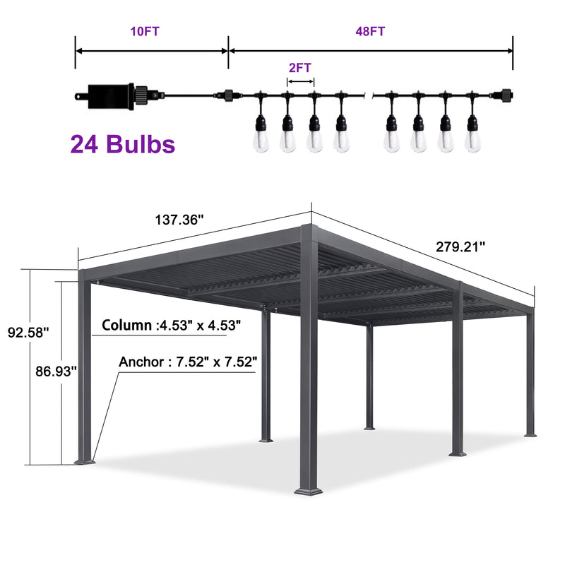 PURPLE LEAF Louvered Pergola with String Lights Patio Aluminum Pergola with Independent Adjustable Rainproof Roof Hardtop Pergola for Outdoor Deck Garden Yard