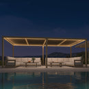 PURPLE LEAF Caesar Champagne aluminum louvered pergola with adjustable roof and LED lights at night.