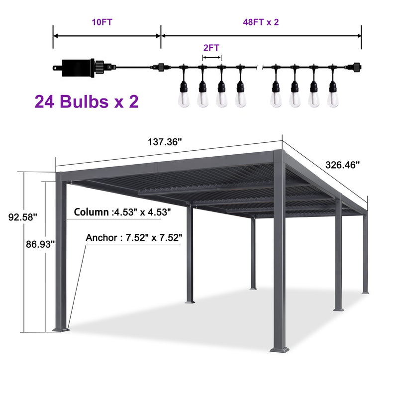 PURPLE LEAF Louvered Pergola with Yellow String Lights Patio Aluminum Pergola with Independent Adjustable Rainproof Roof Hardtop Pergola for Outdoor Deck Garden Yard