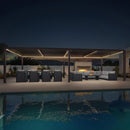 Bronze PURPLE LEAF Caesar louvered pergola with LED lights, outdoor dining and lounge seating.