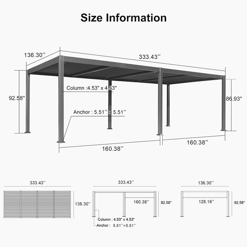 PURPLE LEAF Outdoor Louvered Pergola Patio Sun Shade Shelter with Adjustable Hardtop Patio Pergola Grey
