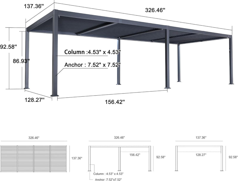 PURPLE LEAF Solar Louvered Pergola with LED String Lights and Control Panel Aluminum Outdoor Pergola with Adjustable Roof for Patio Deck Garden Yard Gray