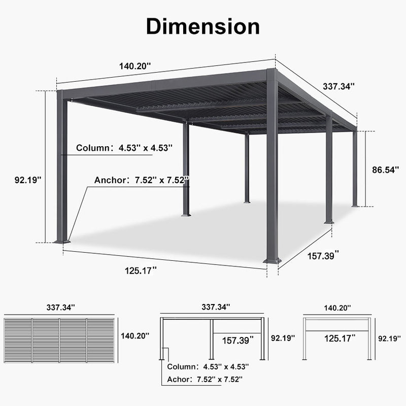 PURPLE LEAF Outdoor Louvered Pergola Patio Sun Shade Shelter with Adjustable Hardtop Patio Pergola Grey