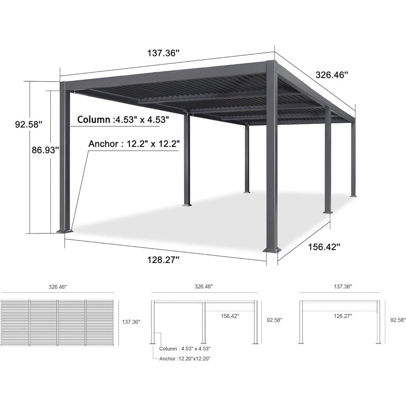 PURPLE LEAF Louvered Pergola 11.4' x 27.2' Outdoor Aluminum Pergola with Adjustable Roof for Deck Backyard Garden Grey Hardtop Gazebo