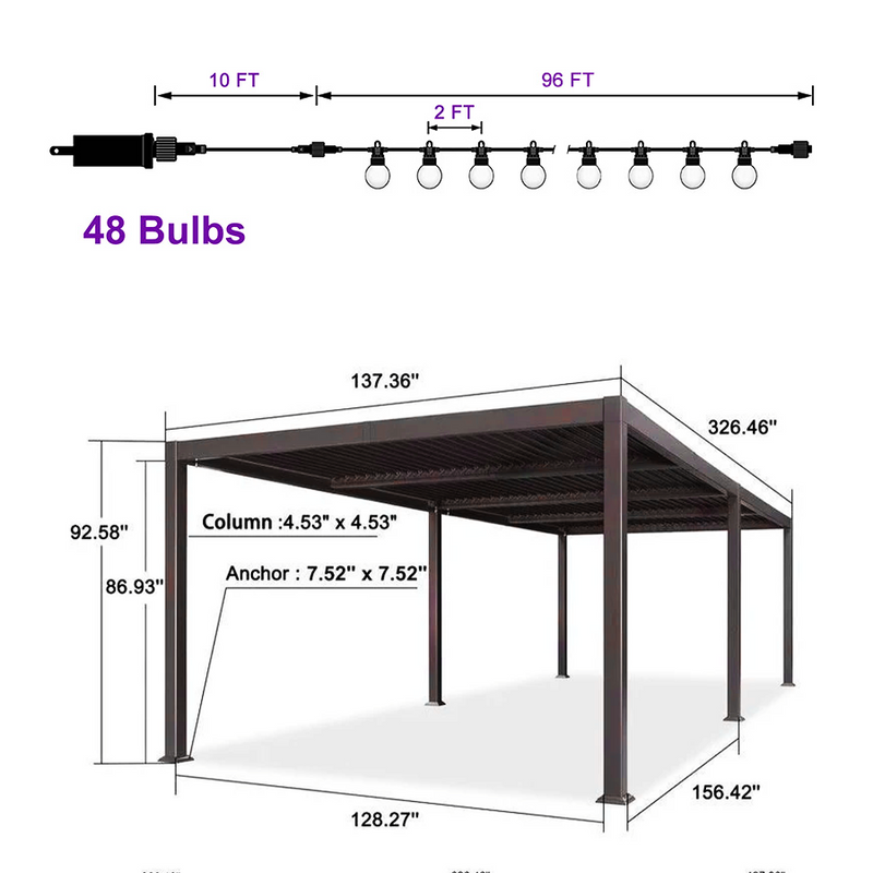 PURPLE LEAF Louvered Pergola Outdoor Adjustable Louvre Shade Modern Patio Aluminum Pergola with  Milky Lights