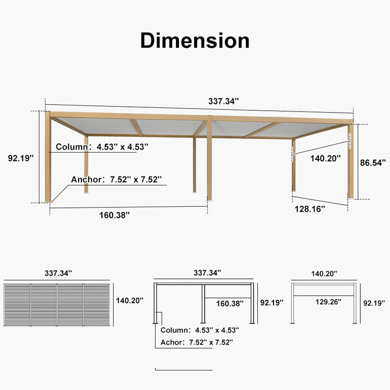 PURPLE LEAF Louvered Pergola Outdoor Wood Grain Aluminum Pergola with Adjustable Roof Patio Rainproof Hardtop Gazebo With Milky Lights