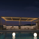 PURPLE LEAF Caesar champagne aluminum louvered pergola with integrated LED lights at night.