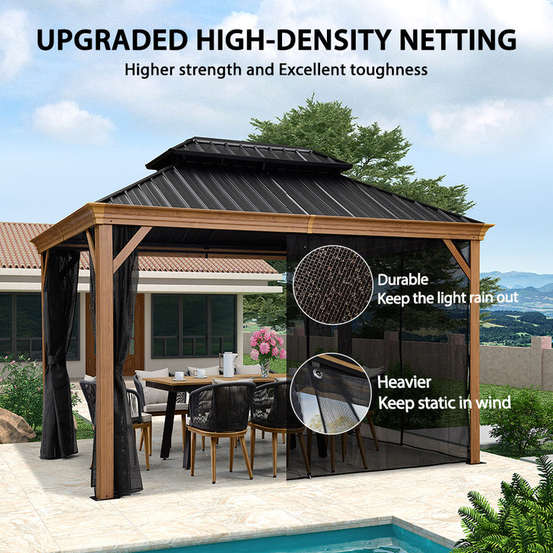 PURPLE LEAF Hardtop Gazebo for Patio Wood Grain Galvanized Steel Frame Awning with Netting