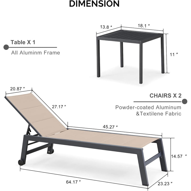 PURPLE LEAF Outdoor Aluminum Chaise Lounge Set of 3 with Wheels and Side Table for Outdoor Backyard Poolside