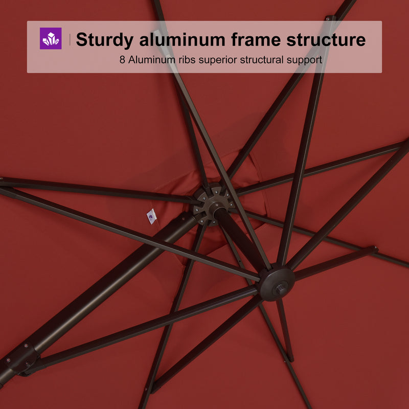 Cantilever patio umbrella structure detail with sturdy aluminum frame and 8 ribs, red canopy.