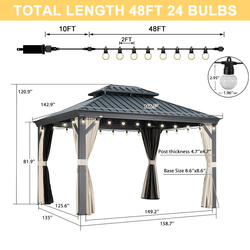 PURPLE LEAF Outdoor Hardtop Gazebo for Patio Grey Aluminum Frame Pavilion with Khaki curtains and String Lights