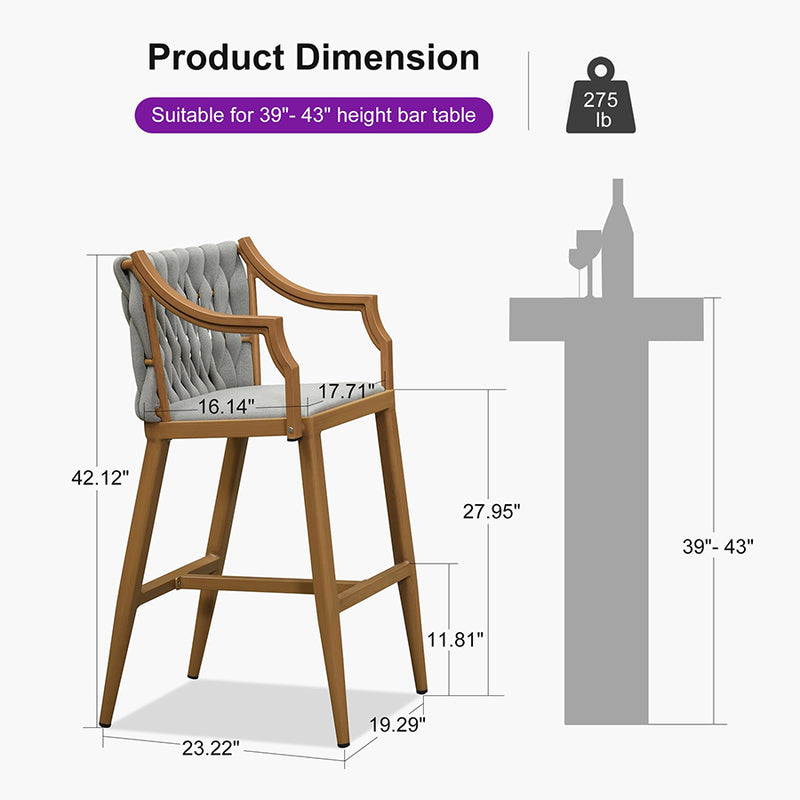 PURPLE LEAF Outdoor Bar Stool Set of 2 Aluminum Frame Bar Chair with Cushion and Back Kitchen Island Bar Stools
