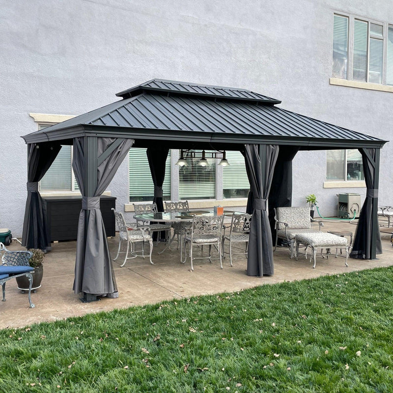 PURPLE LEAF Patio Gazebo for Backyard Grey Hardtop Galvanized Steel Roof Awning with Upgrade Curtain - Purple Leaf Garden