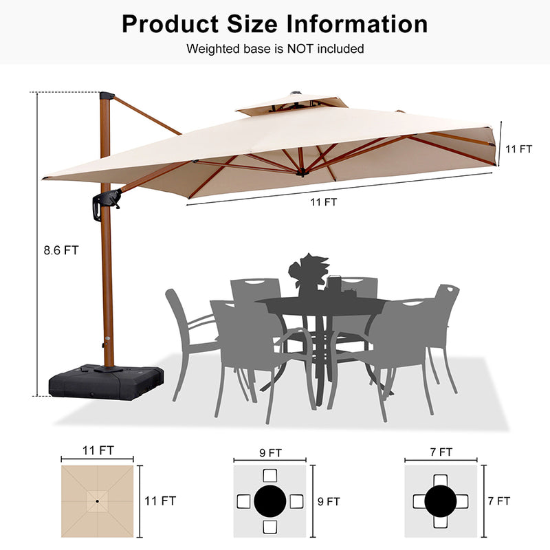 PURPLE LEAF Double Top 9 / 10 / 11 / 12 ft Square Aluminum Sun Umbrellas in Wood Color