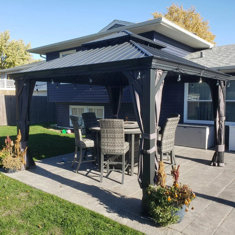 PURPLE LEAF Patio Gazebo for Backyard Grey Hardtop Galvanized Steel Roof Awning String Lights-milky