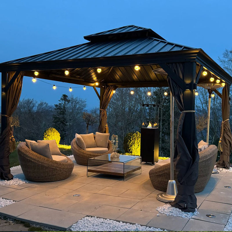 PURPLE LEAF Patio Gazebo for Backyard Grey Hardtop Galvanized Steel Roof Awning with String Lights-clear