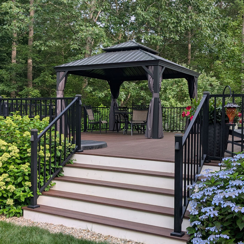 PURPLE LEAF Patio Gazebo for Backyard Grey Hardtop Galvanized Steel Roof Awning with Upgrade Curtain